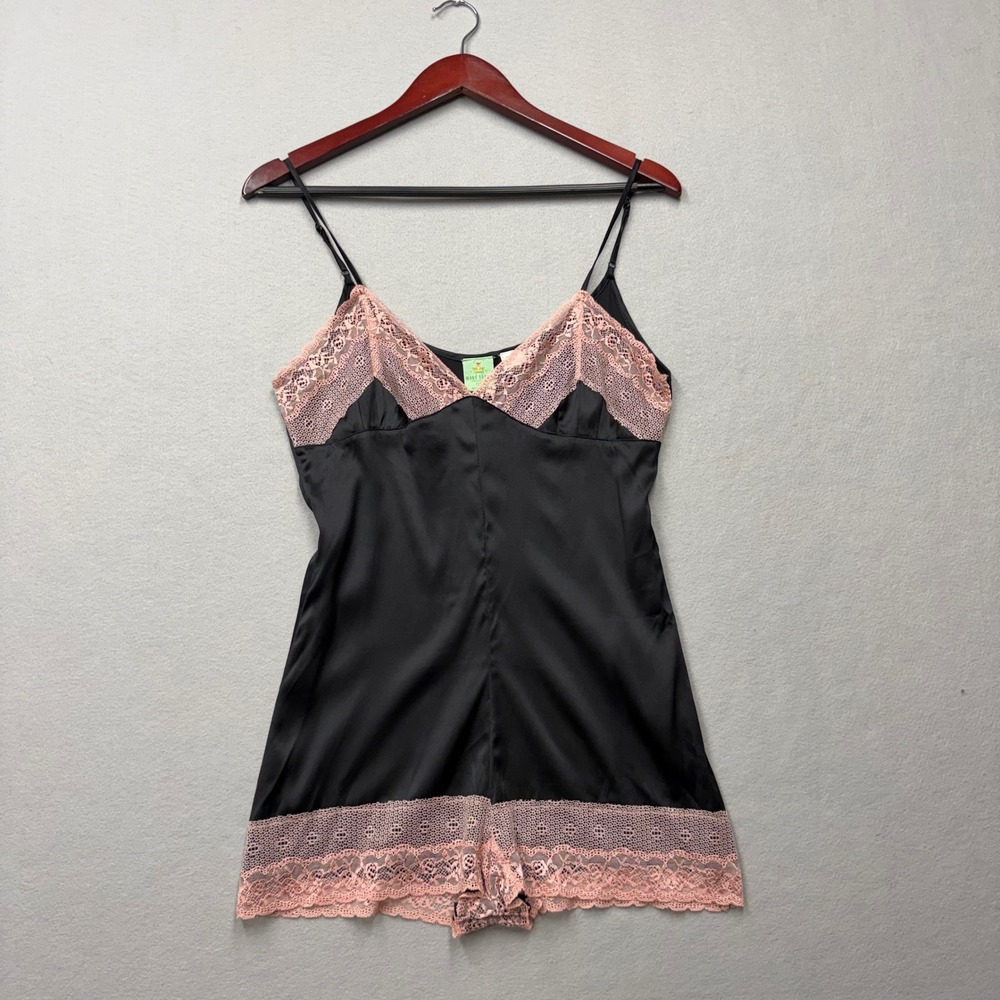 Mary Green Silk Teddy Romper Women M Black Pink Lace Trim Y2K Lingerie Sleepwear